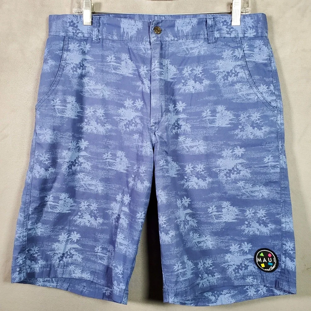 Maui & Sons Shorts Mens 34‎ Blue Palm Tree Print Cotton Surf Beach Skate Summer
